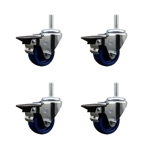 3 Inch Solid Polyurethane Wheel Swivel 34 Inch Threaded Stem Caster Set with Brake SCC